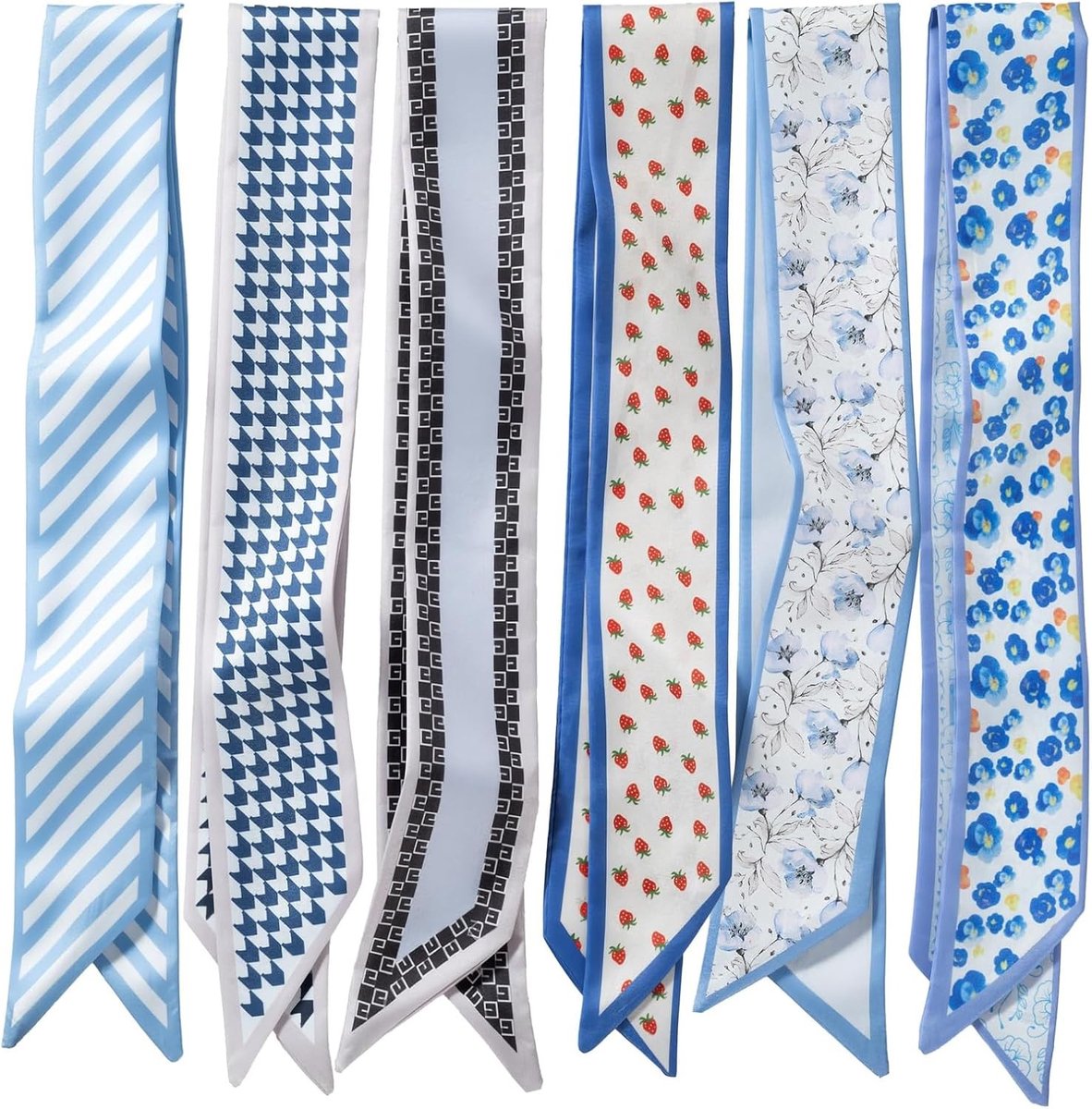 Elegante Halssjaal Set voor Dames van Polyester, 6-delig met Zijdeachtig Gevoel, Perfect voor Haar, Tas en Hals, Blauw Multicolor met Strepen en Bloemen
