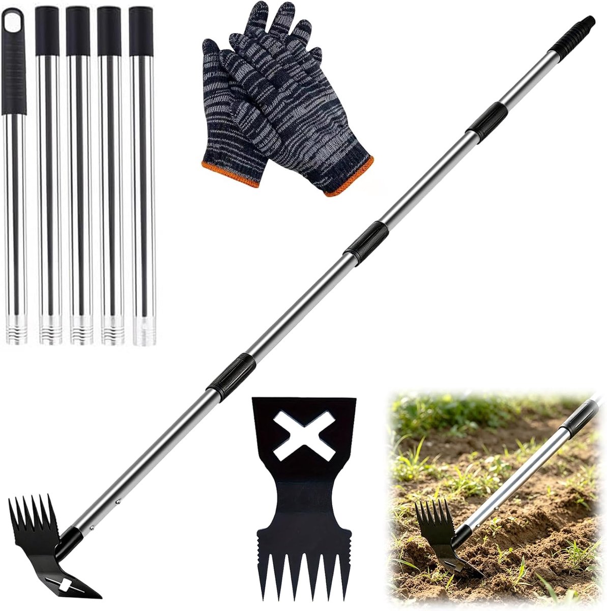 Thijox - 2-in-1 onkruidhark en tuinhak, combi onkruidsteker met lange steel, ultrahard smeedijstaal, ideaal voor tuin, gazon en moeilijk terrein
