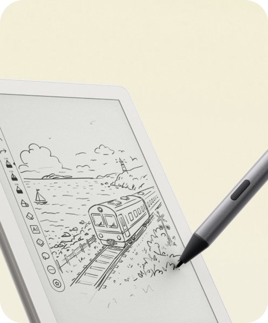 Grijze BOOX e-reader met pen, waarop een schets van een trein en landschap is getoond.