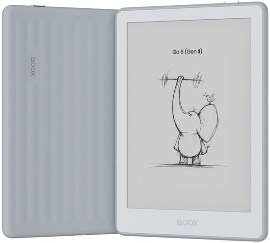 Grijze BOOX e-reader opengeklapt, met een schets van een olifant met halters op het scherm.