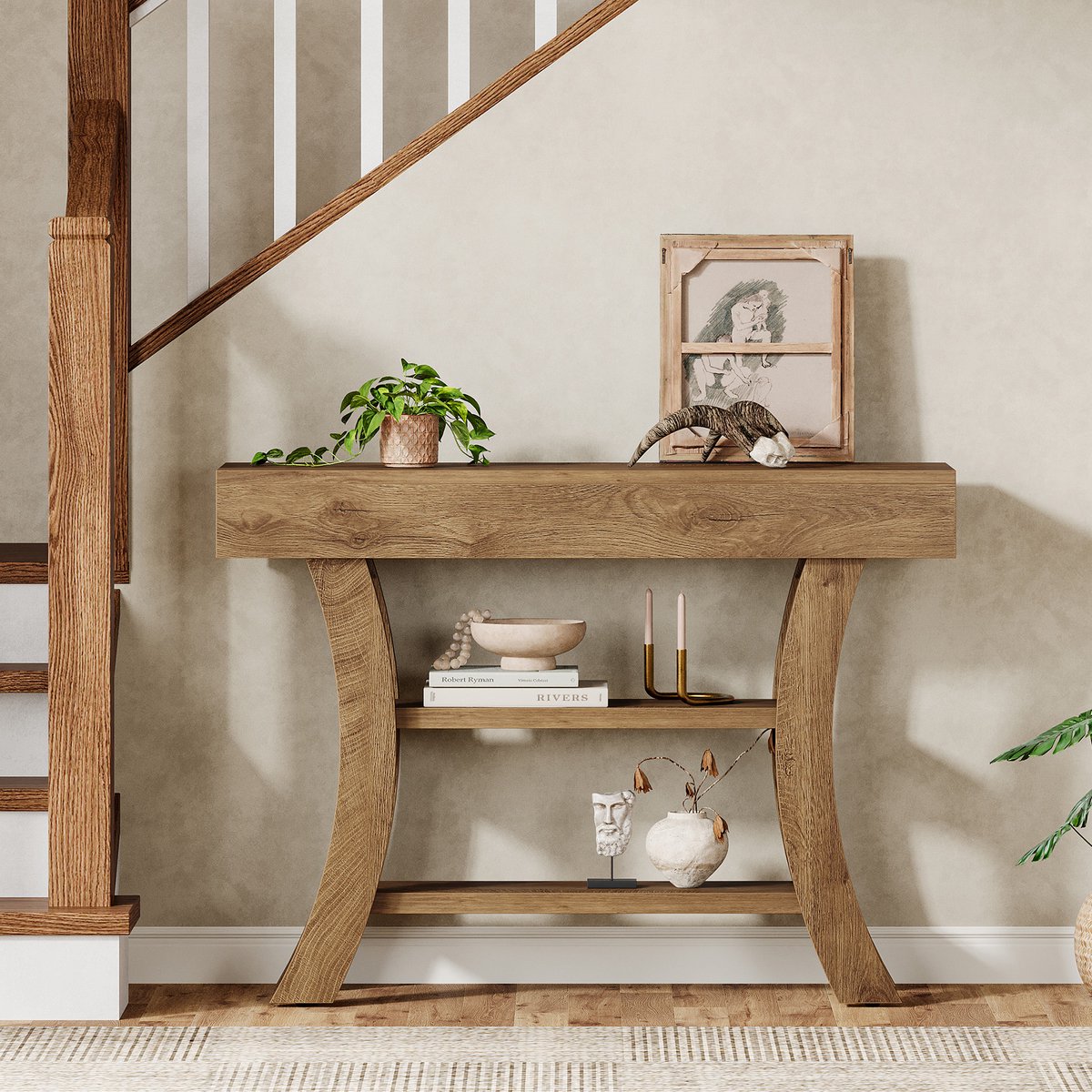 LITTLE TREE Smalle Consoletafe - Lange Sidetable - 105 x 30 x 80 Cm - 3 Lagen Opbergrek - Bruin - Console Tafel voor Hal, Woonkamer, Entree