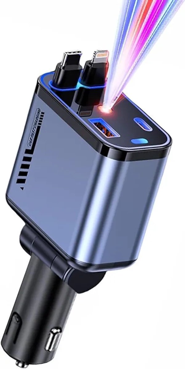 Uitschuifbare autolader120WVier-in-éénUSB-CAuto-adapter, ondersteunt snelladen, compatibeliPhoneen alle Android-telefoons