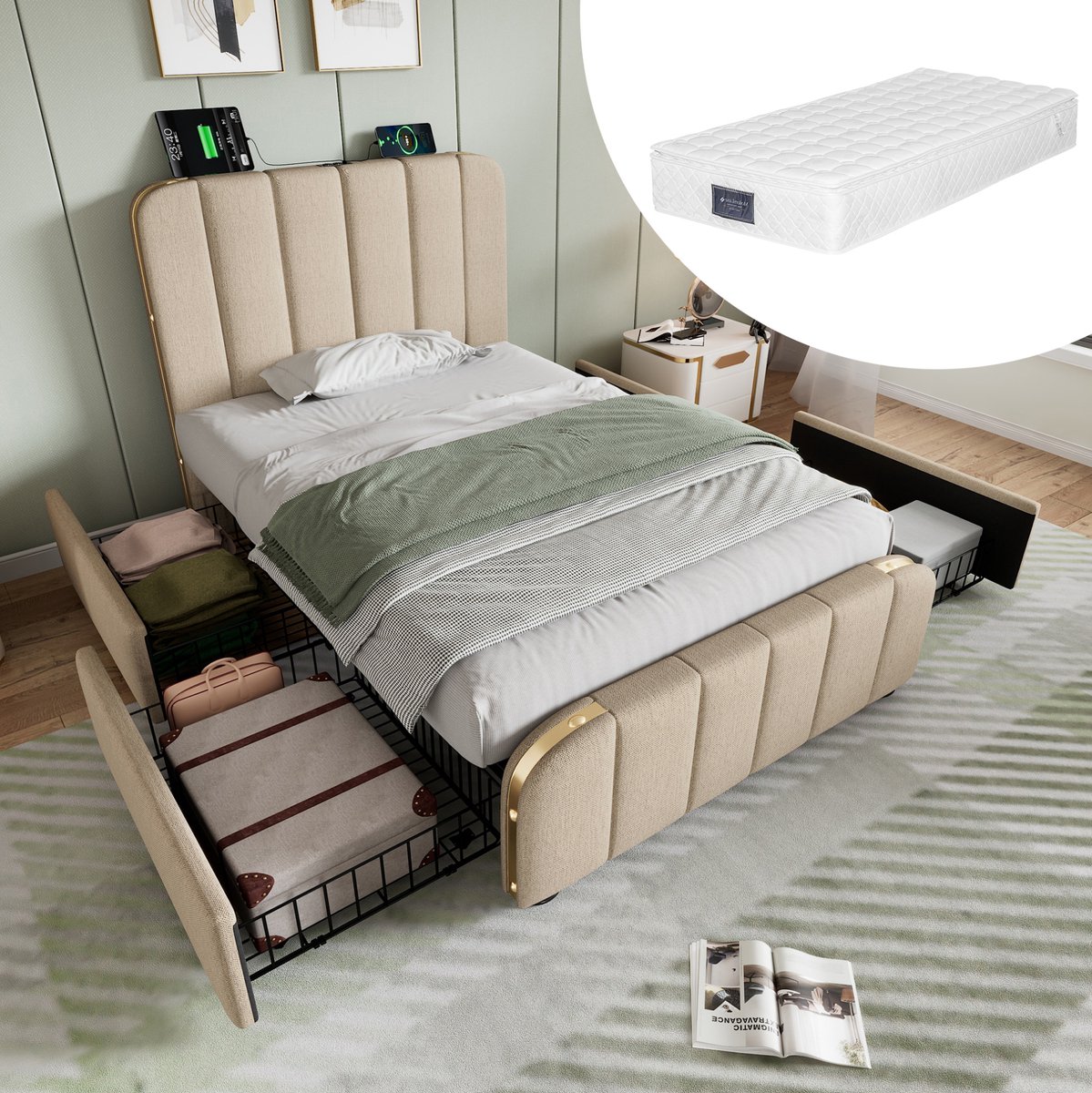 OKWISH Gestoffeerd Bed 90x200 cm - Met USB En Type C Oplaadpunt - Met 4 Lades - Eenpersoonsbed Voor Slaapkamer - Stof En Metaal - Beige - Met Matras