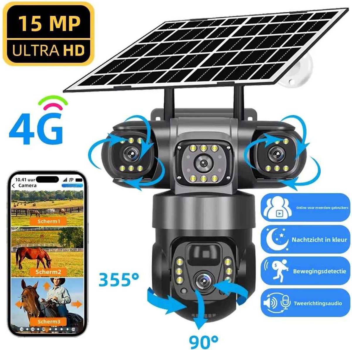 Casa Living Beveiligingscamera - Buiten - Met Zonnepaneel - Draadloze - Triple Lens 15MP 6K - Nachtzicht - PTZ & PIR Detectie - 4G