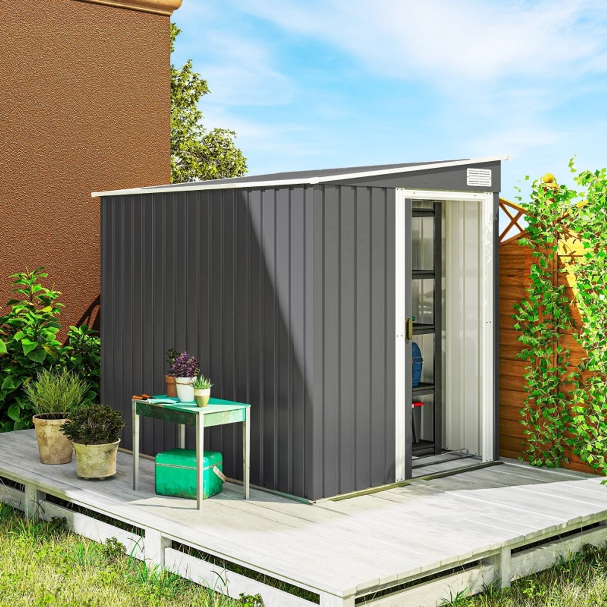 TRUVIX Fietsenstalling Tuinhuis 154x206.5x181 cm - Planken, Schuifdeur, Fundament, Ventilatie, Dakconstructie - Metaal