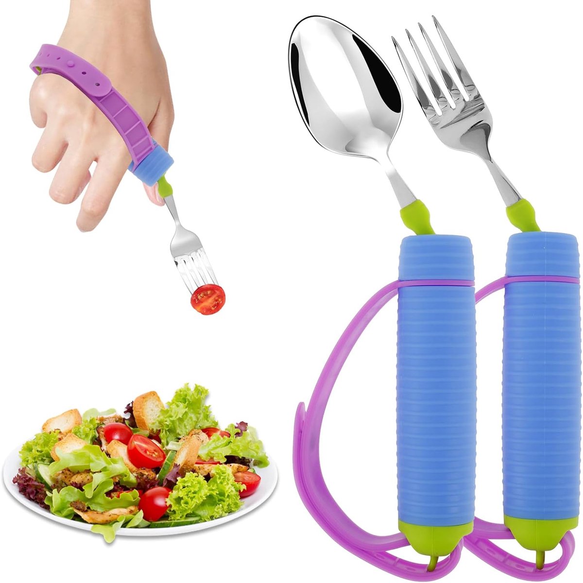 Parkinson's Cutlery Bendable 2 Pieces Parkinson's Tools with 25 cm Spoon Fork Silicone Bandages Non-Slip Handle for - ShopVlot