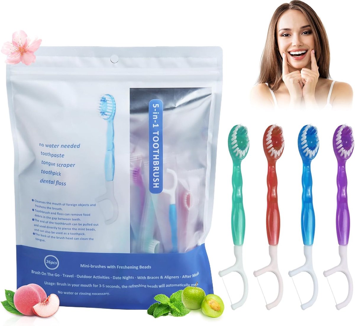 SnelShoppen - Mini Tandenborstel Set van 26 - Wegwerp Tandenborstels met Tandpasta - 5-in-1 Reis Tandenborstel met Floss, Tongschraper, Tandenstoker e