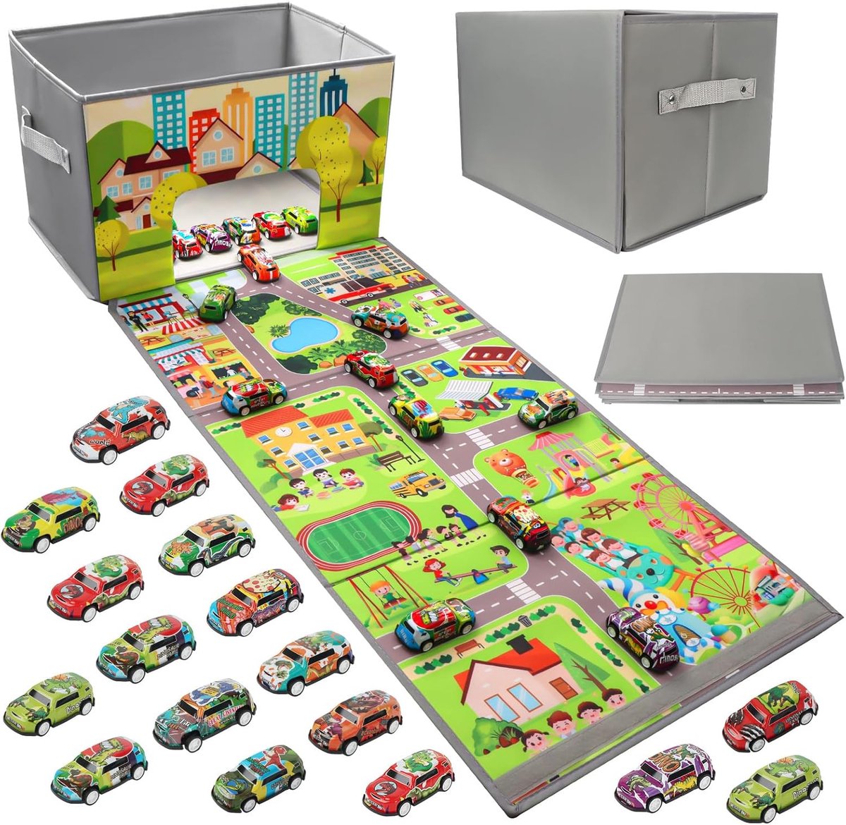 Thijox - Speelgoedauto Opbergdoos met Speelmat, Inclusief 20 Auto's, Opvouwbare Opbergdoos voor Kinderen, Handgrepen, Opslag voor 200+ Auto's, Ideaal