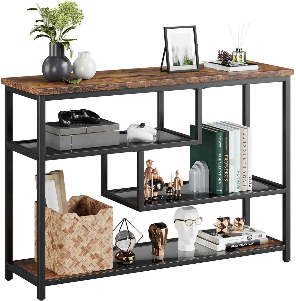 CORE Consoletafel - 4-Laags Smalle Entreetafel met Glazen Planken - Achterbanktafel met Metalen Frame - Rustiek Design - Ruimtebesparende Bijzettafel voor Hal, Woonkamer, Gang en Achter de Bank - 100x30x75cm - Rustiek Bruin met Zwart