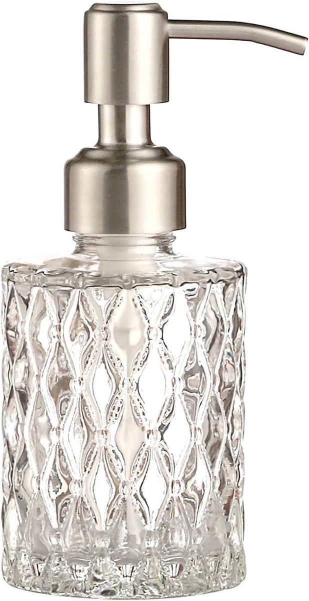 Thijox - Zeepdispenser Vloeibare Zeep met Roestvrijstalen Pomp - Kristalontwerp - Vintage en Elegante Glazen Zeepdispenser voor Badkamer, Keuken en To