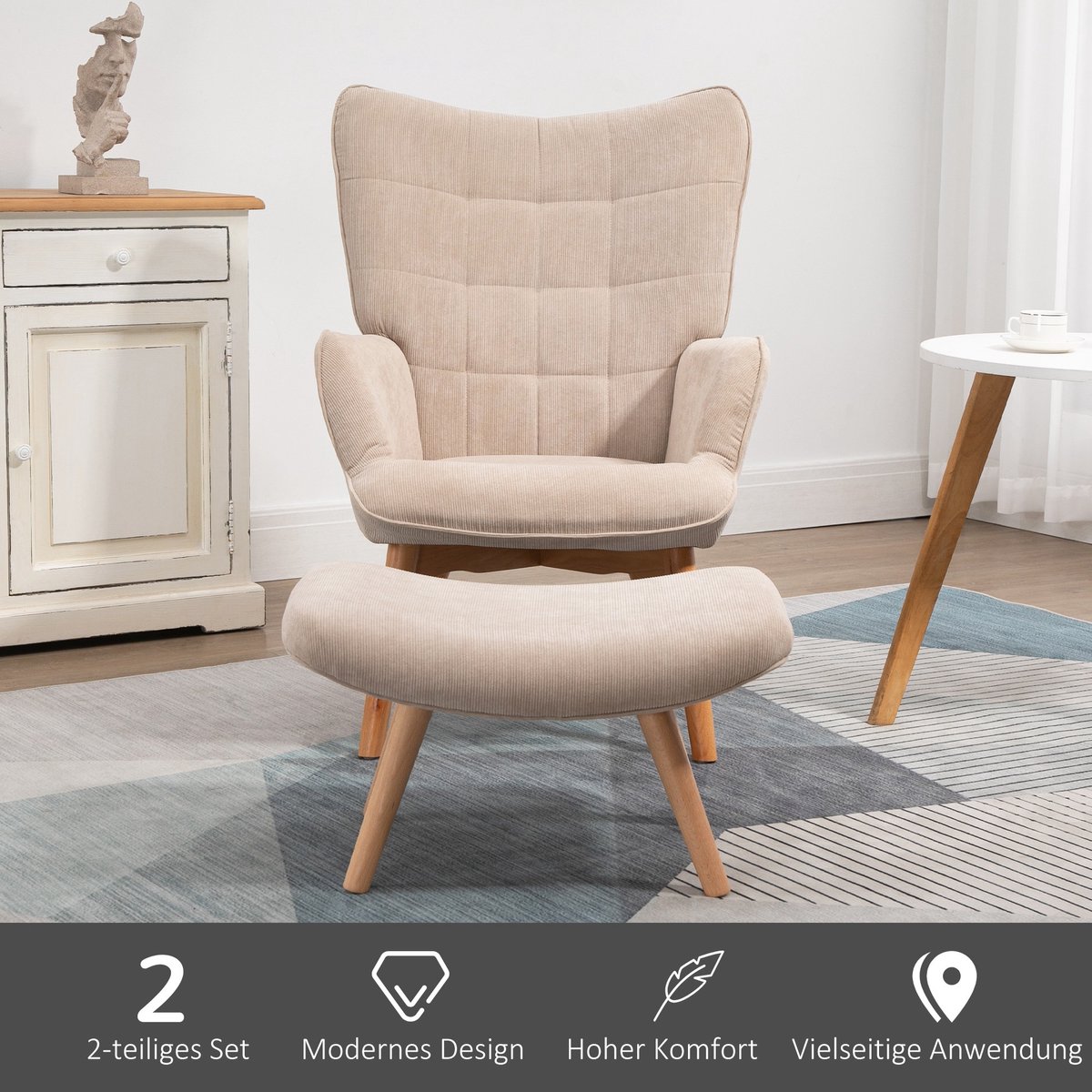 YYchan fauteuil met voetenbank - beige - 72 x 80 x 101 cm