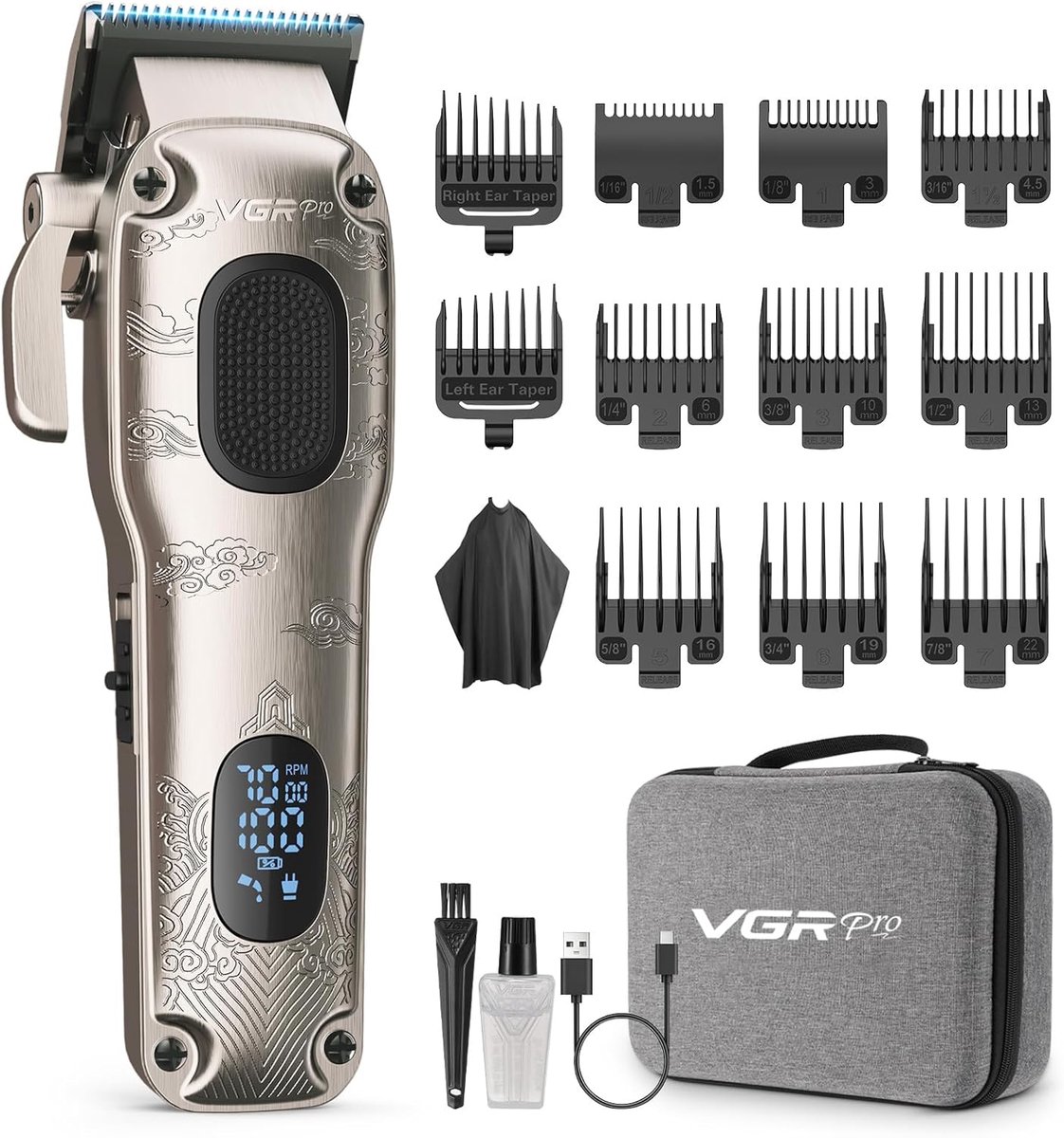 Thijox - Professionele Draadloze Tondeuse voor Mannen, Haar Clipper met Etui, LED-Batterijdisplay, Perfect voor Thuis en Kappers, Zilver, Cadeau voor