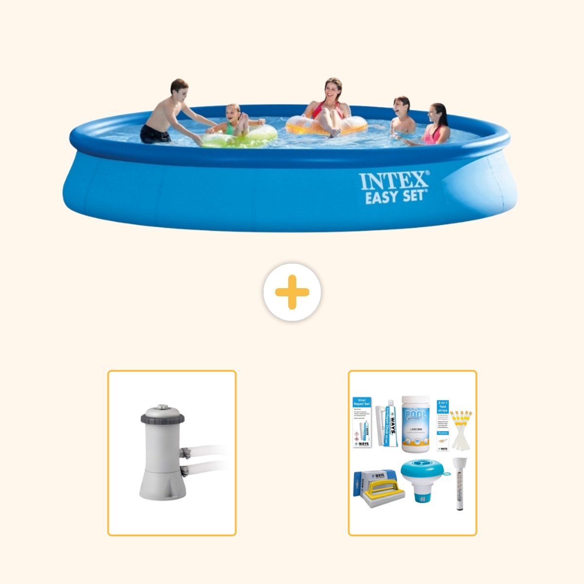 Intex Rond Opblaasbaar Easy Set Zwembad - 457 x 84 cm - Blauw - Inclusief Pomp - Onderhoudspakket - 3-delig