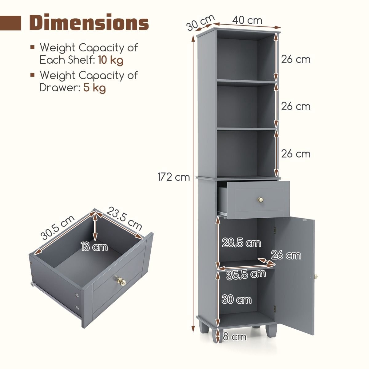 SureDeal® - Badkamerkast - Badkamermeubel Slimline Badkamermeubel - 40x30x172 cm - Grijs