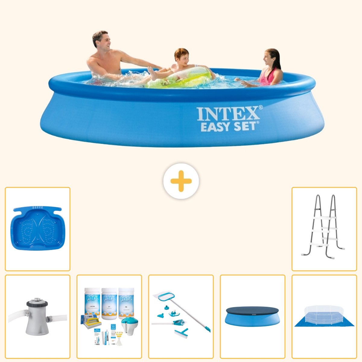 Intex Rond Opblaasbaar Easy Set Zwembad - 305 x 61 cm - Blauw - Inclusief Pomp - Onderhoudspakket - Schoonmaakset - Afdekzeil - Grondzeil - Voetenbad - Ladder - 8-delig
