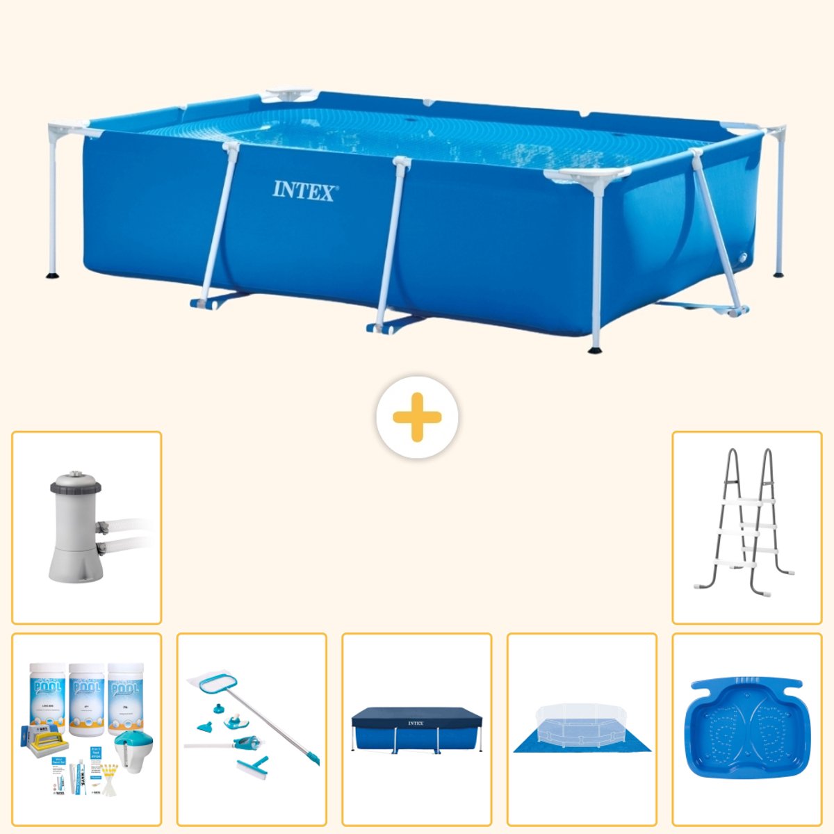 Intex Rechthoekig Frame Zwembad - 300 x 200 x 75 cm - Blauw - Inclusief Onderhoudspakket - Schoonmaakset - Afdekzeil - Grondzeil - Zwembadfilterpomp - Voetenbad - Ladder - 8-delig