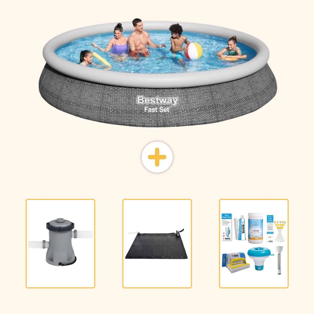 Bestway Rond Opblaasbaar Fast Set Zwembad - Rotanprint - 457 x 84 cm - Inclusief Pomp - Solar Mat - Onderhoudspakket - 4-delig