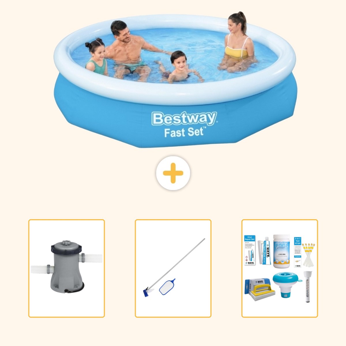 Bestway Rond Opblaasbaar Fast Set Zwembad - 305 x 66 cm - Blauw - Inclusief Pomp - Schoonmaakset - Onderhoudspakket - 4-delig