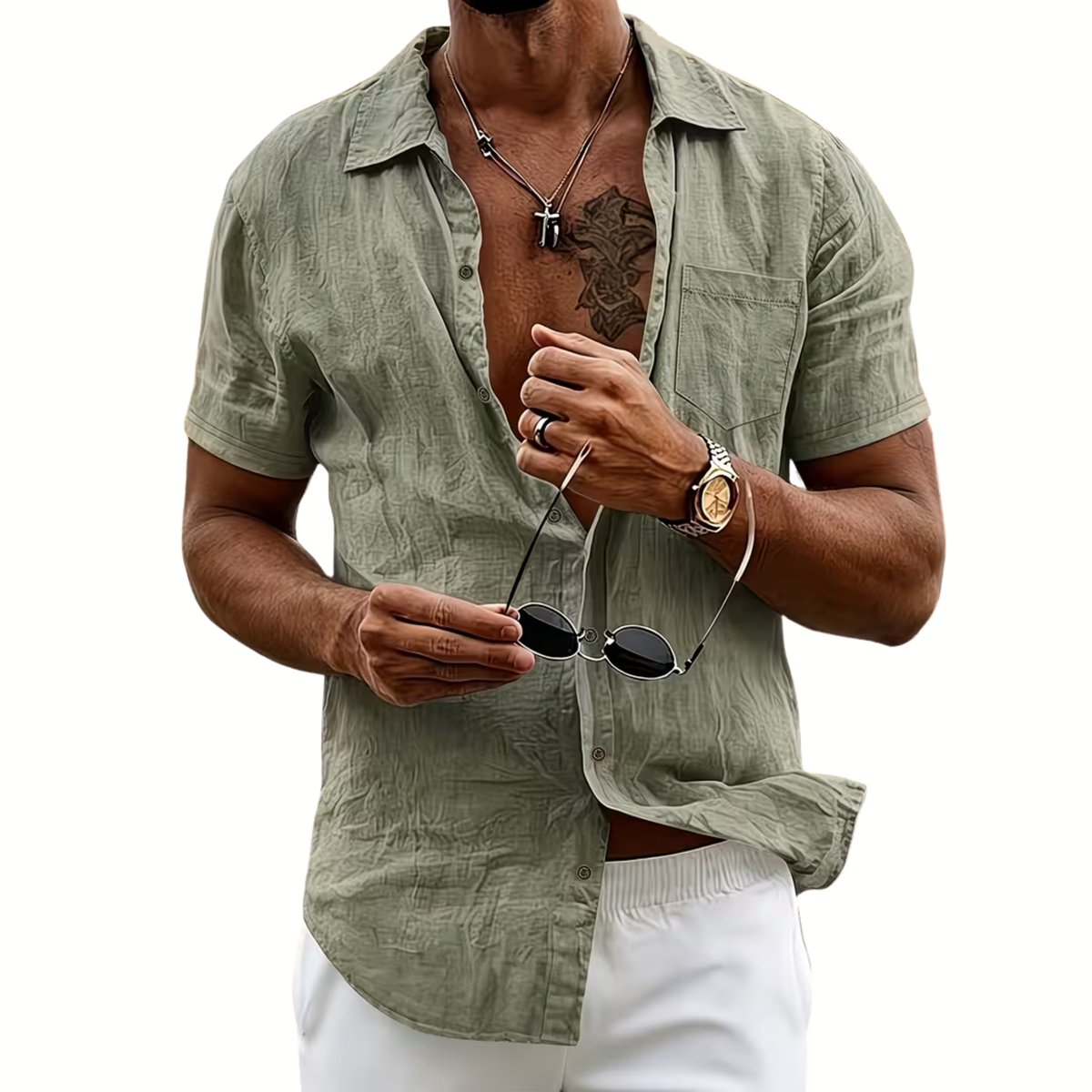 Currero Linnen Blouse Heren T Shirt Polo Overhemd Shirt Zomer Ibiza Stijl varen Groen