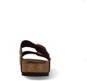 Donkerbruine Birkenstock Arizona slipper, van bovenaf gezien met een open neus en gespen.