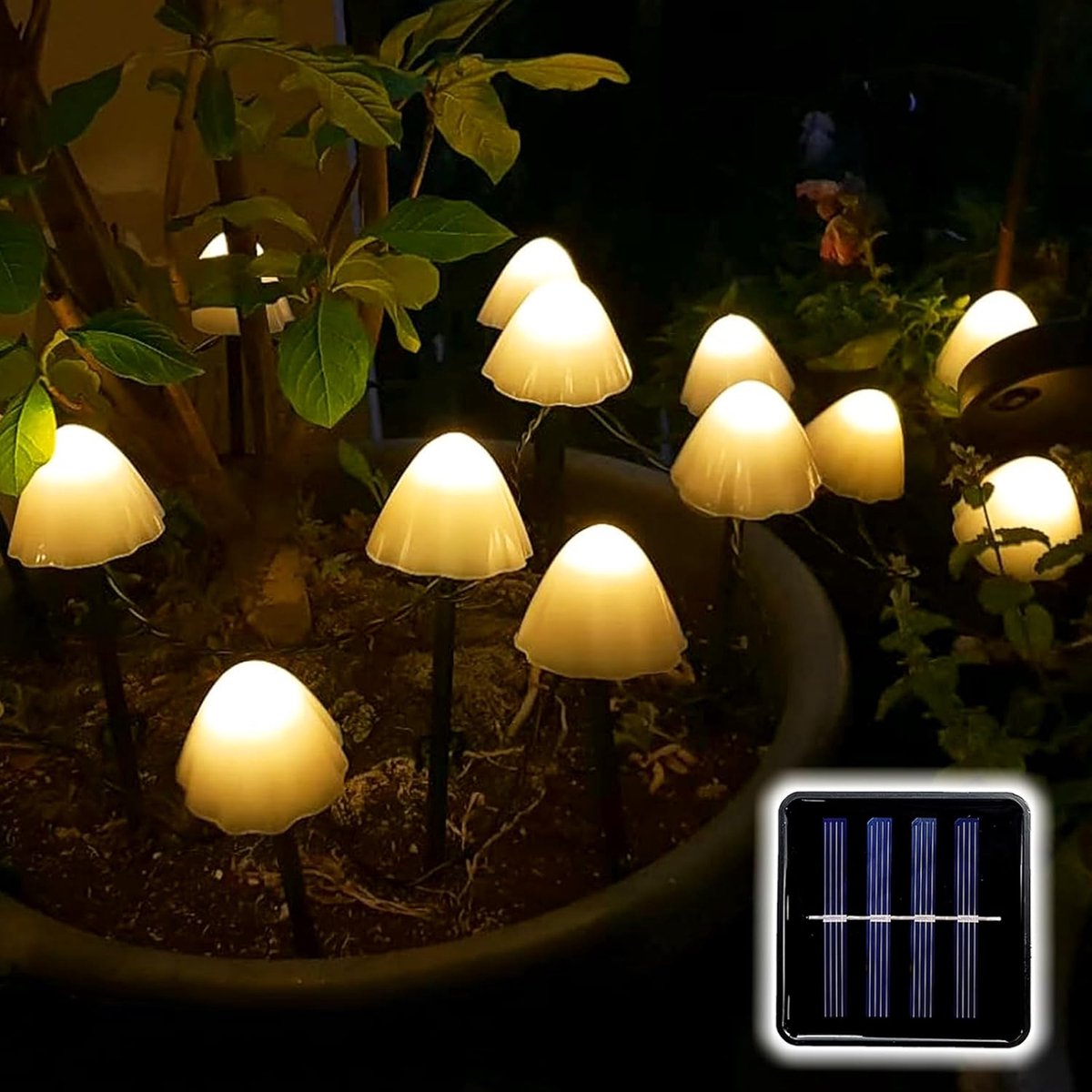 SnelShoppen - Mini Solar Mushroom Lights - 5 Meter - 20 Warm Witte LED Tuinverlichting - Buiten Decoratie - IP44 Waterdicht - 8 Verlichtingsmodi voor
