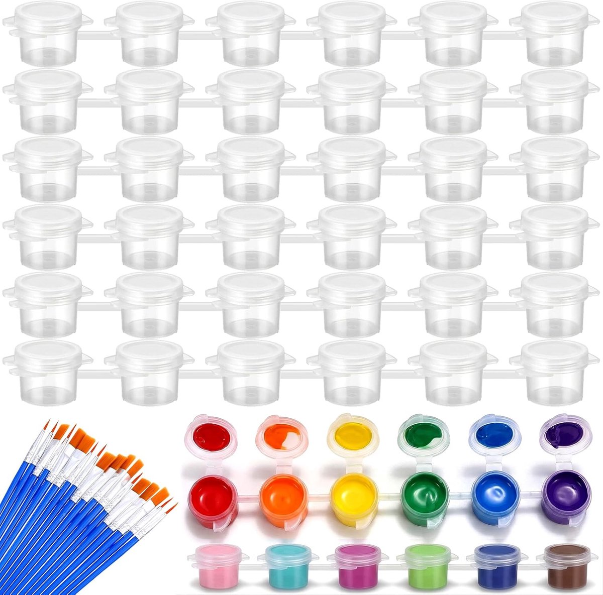 SnelShoppen - 36 Lege Mini Verfpotten met Deksels en 20 Penselen - Kunst- en Knutselbenodigdheden voor Scholen en Klaslokalen - 5 ml Verfcontainers vo