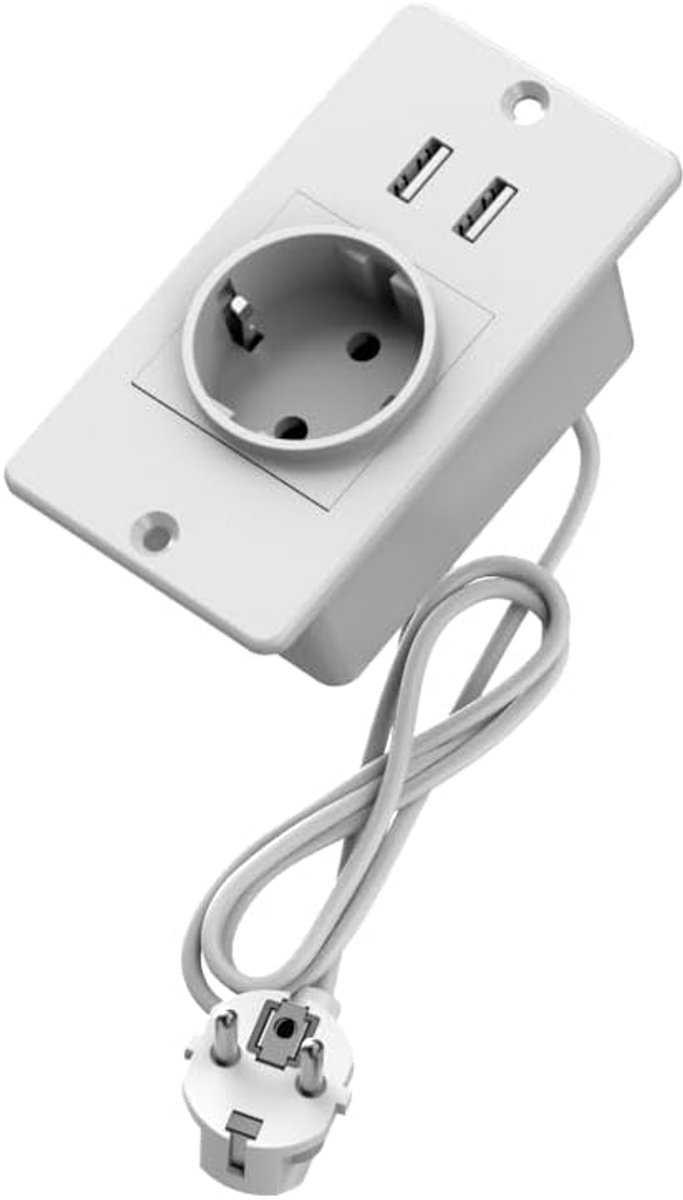 Thijox - Inbouw Stopcontact met USB - Verlengkabel 1.5m - 2 USB Poorten - Overspanningsbeveiliging - 1 Stopcontact 3680W - Wandcontactdoos voor Badkam