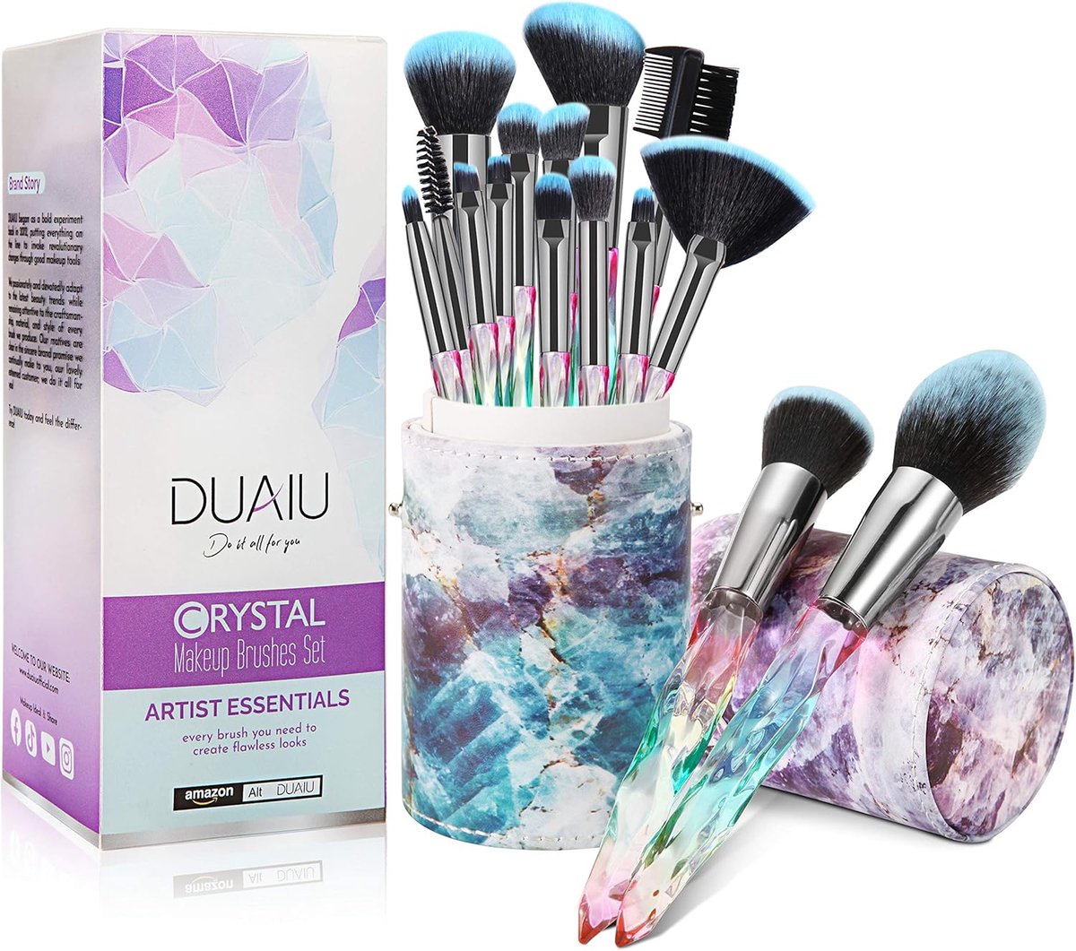Thijox - 15-delige Make-upborstel Set met Premium Synthetische Borstelharen en Kristallen Handvatten - Kabuki Foundation, Gezicht, Lip en Oog Make-up
