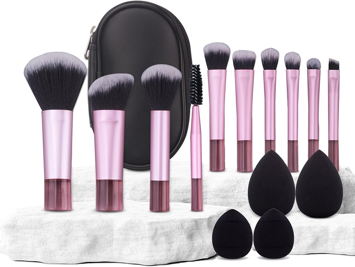 Thijox - Make-up Borstel Set 14PCS Mini Make-up Gereedschap Roze | Inclusief Spons, Poederdop, Borstelreiniger, Professionele Gezicht Borstels voor Fo