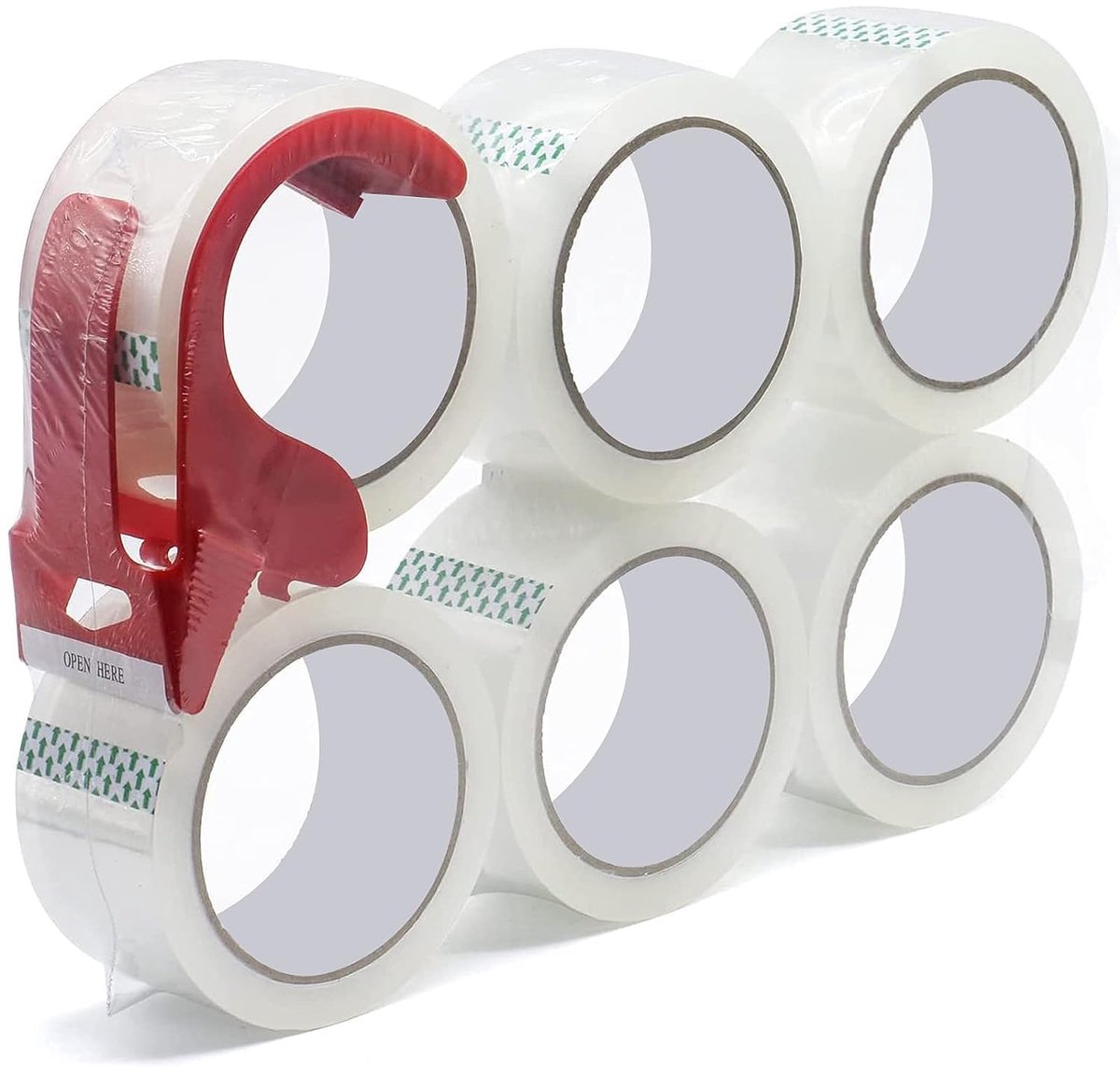 Thijox - Pakketplakband met Dispenser en Rood Cuttermes - Sterke Verpakkingsband 5 cm x 55 m, Kristalhelder, 6 Rollen voor Verzenddozen en Transport