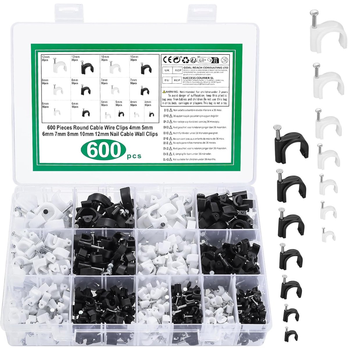 Thijox - 600 Stuks Ronde Kabelclips - Zwart Witte Draad - Nette Clip voor Kabelmanagement - Kabelnagelclips met Stalen Spijkers voor Ethernet-kabel -