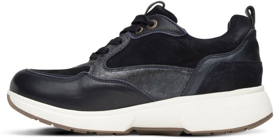 Zijaanzicht van een blauwe dames sneaker met veters en rits.