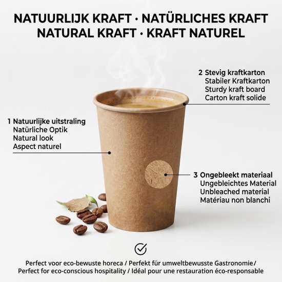 Bruine kartonnen beker met koffie en bonen, met tekst "Natuurlijke uitstraling".