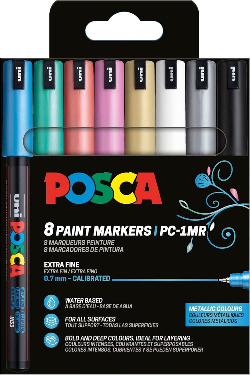 Thijox - POSCA Marker Set 8 Metallic Acrylstiften 0,7 mm Ronde Punt - Permanente Markers voor Creatief Gebruik - Perfect voor Feest, Kunst, en DIY Pro