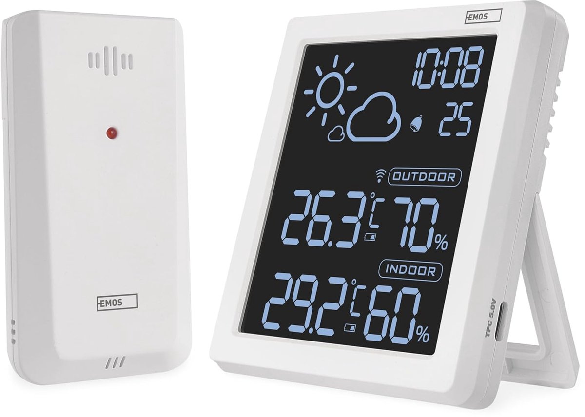 SnelShoppen - Draadloos Weerstation met VA-Display, Thermometer, Hygrometer, Weersvoorspelling, Klokweergave en Wekker - Comfort View Display, Inclusi