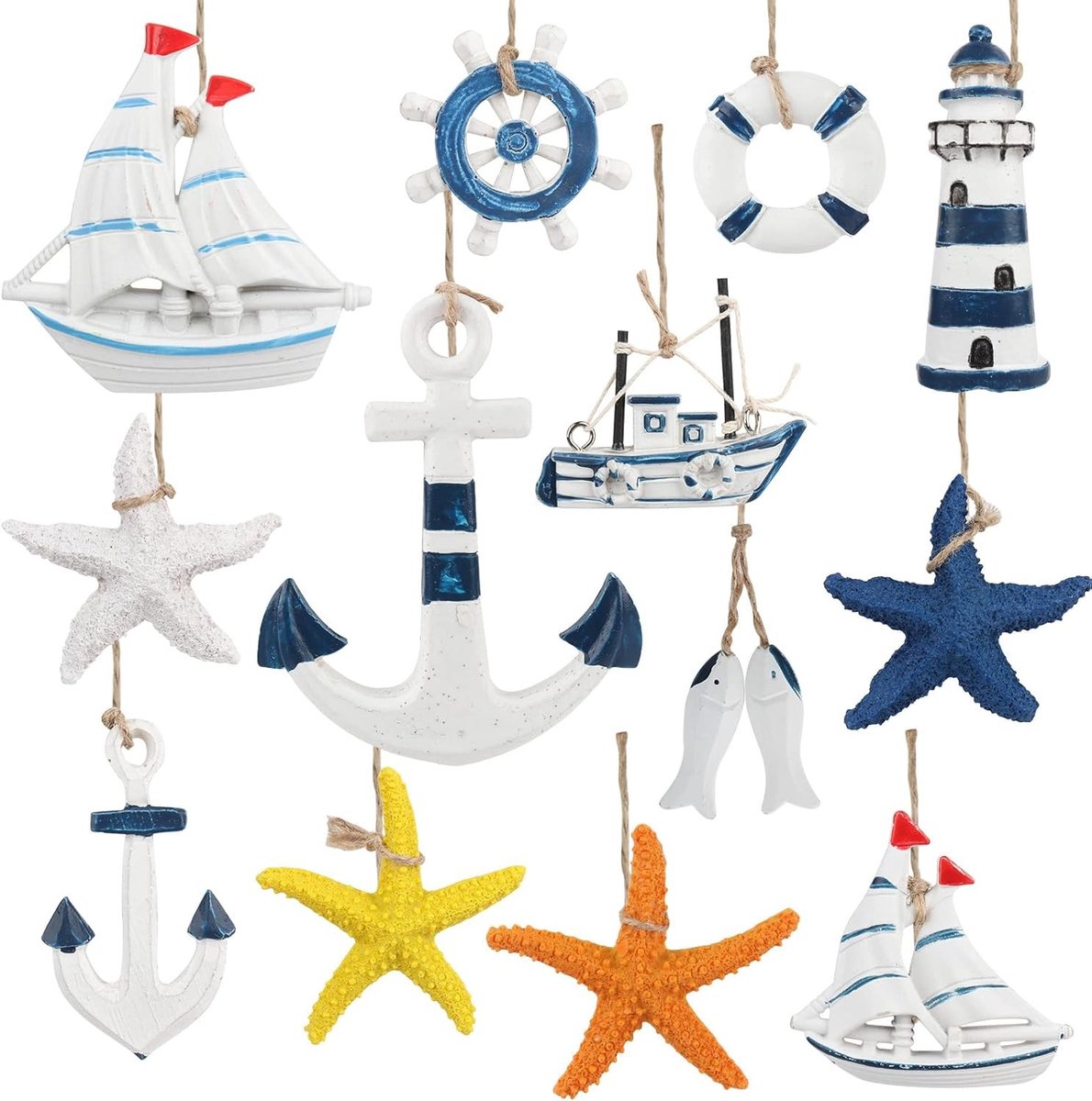 13-delige Maritieme Hangdecoratie Set met Anker, Sterrenvis, Reddingring en Vissersnet voor Strand- en Kustthema's