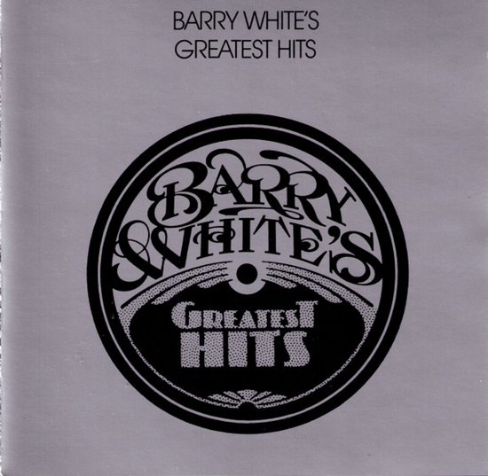 Zwart-wit cirkelvormig logo met 'BARRY WHITE'S GREATEST HITS'.