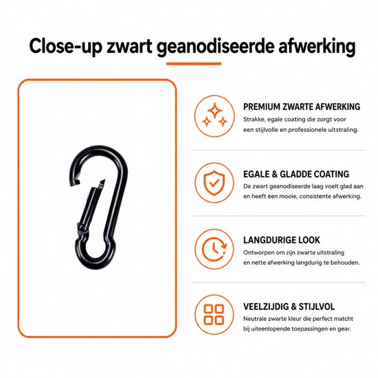 Close-up van een zwarte karabijnhaak met egale, gladde coating voor een langdurige, stijlvolle uitstraling.