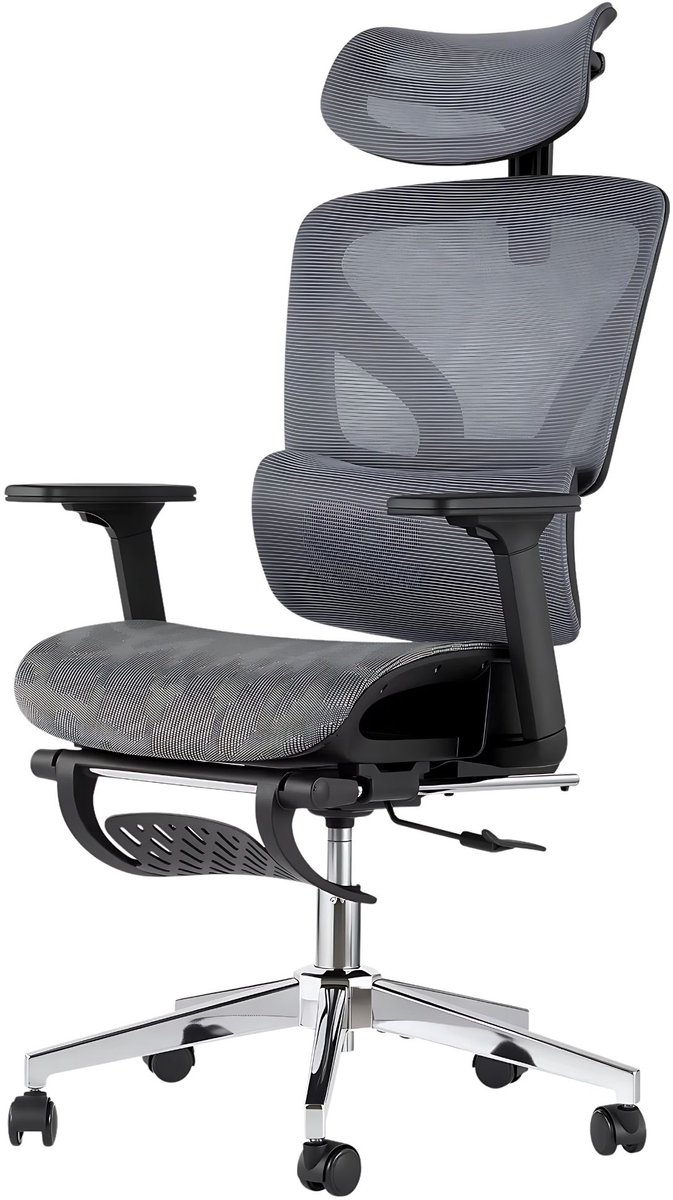 Ergonomische bureaustoel met hoge rug - 3D verstelbare armleuningen, lendensteun, voetensteun - Mesh Grijs