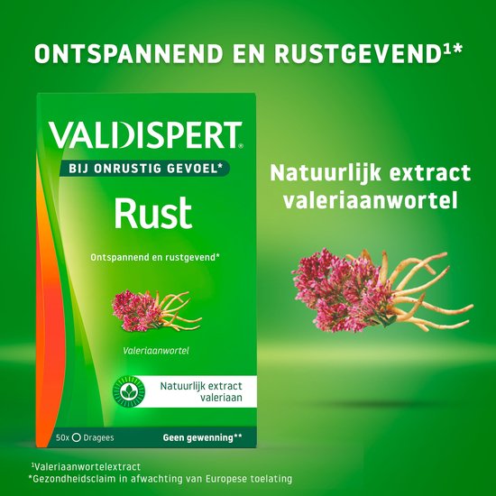 Valdispert Rust verpakking met afbeelding van valeriaanwortel. Natuurlijk extract voor ontspanning.