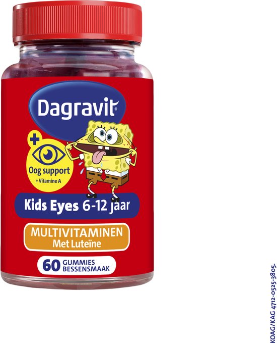 Rode pot met 60 bessensmaak gummies. Label met Spongebob, oog support en vitamine A. Voor kids 6-12 jaar.