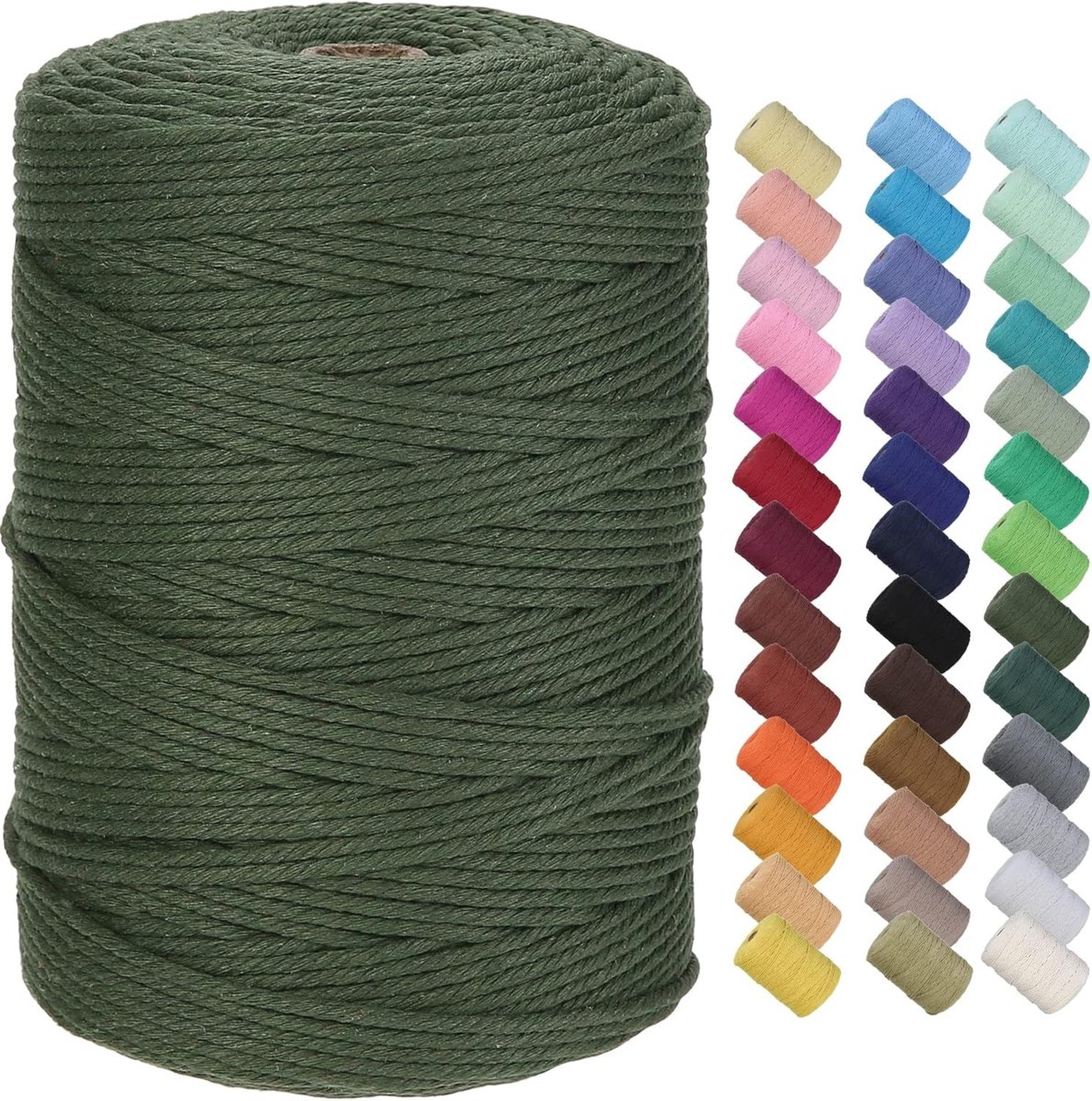 Premium Katoenen Macramé Touw 3mm x 300m - Zacht, Chemisch Vrij en Ideaal voor Macramé Projecten en Ambachten in Olijfgroen