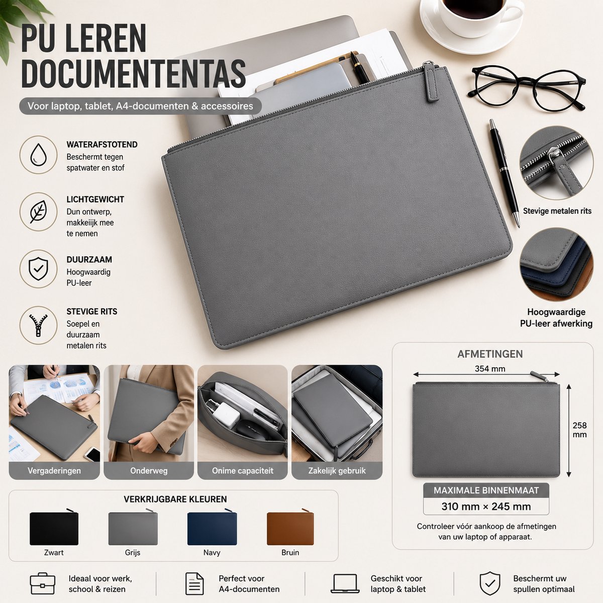 Tas PU Lederen Documententas met Rits – Laptophoes – Geschikt voor Laptop, Tablet, A4-documenten & Accessoires – Waterafstotend – Grijs