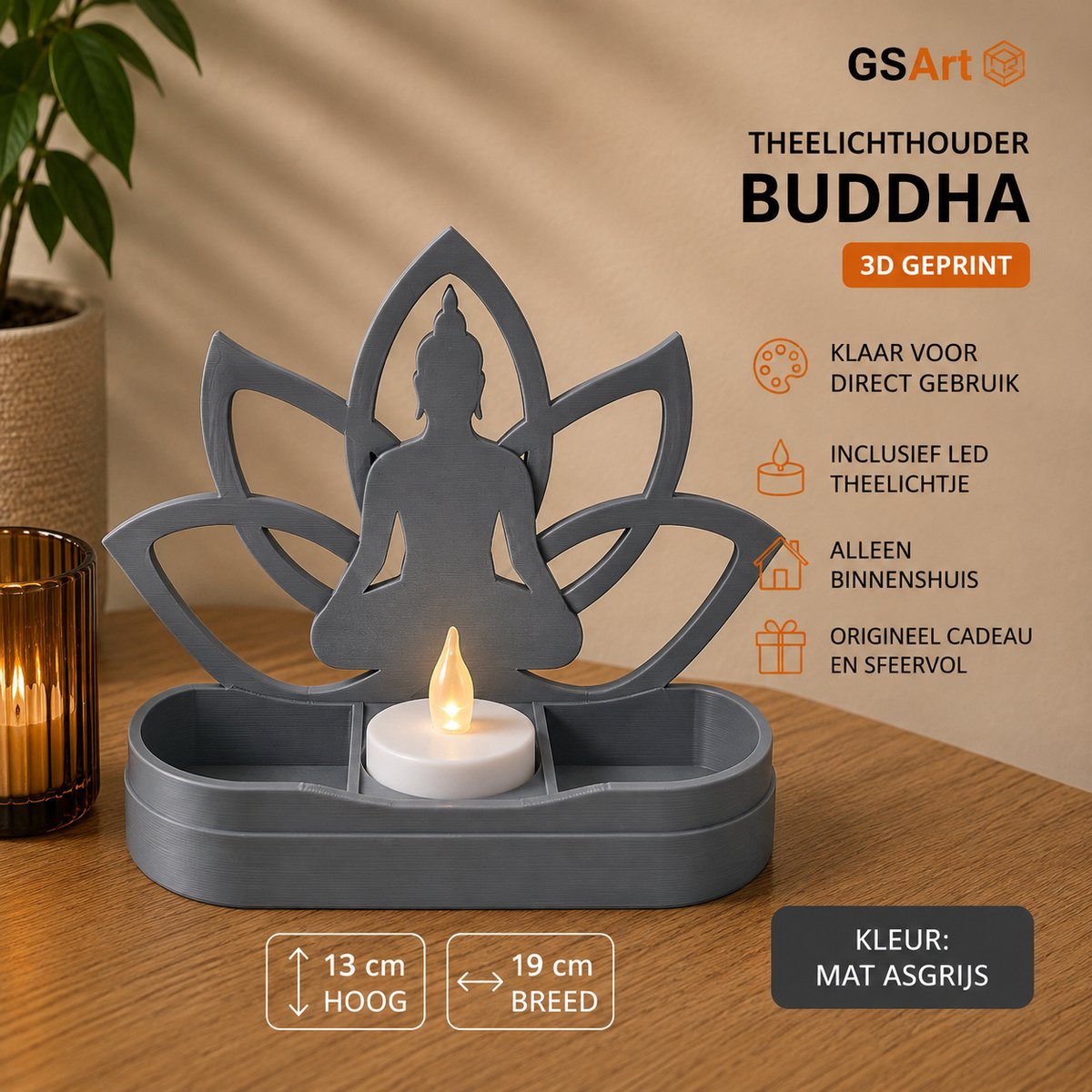 GSArt Theelichthouder Buddha 19cm – Lotus – Inclusief LED Theelichtje - Mat Asgrijs