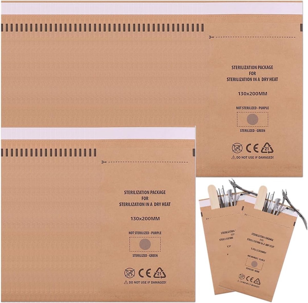 Pack van 50 Zelfklevende Sterilisatietassen 130 x 200 mm voor Instrumenten, Manicure en Pedicure, Geschikt voor Sterilisatoren en Autoclaven