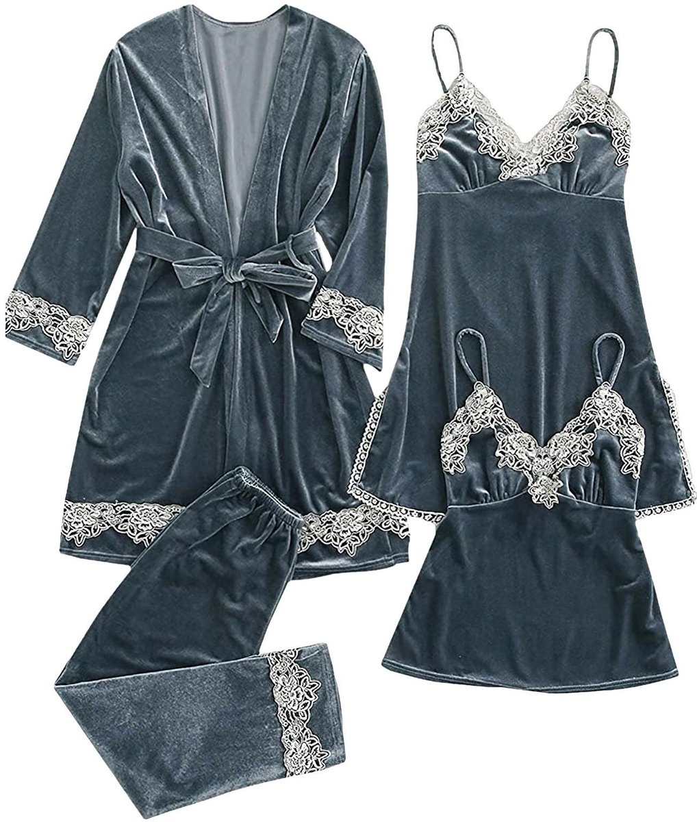 Dames Pyjama Set 4-delig met Badjas en Broek - Turquoise M