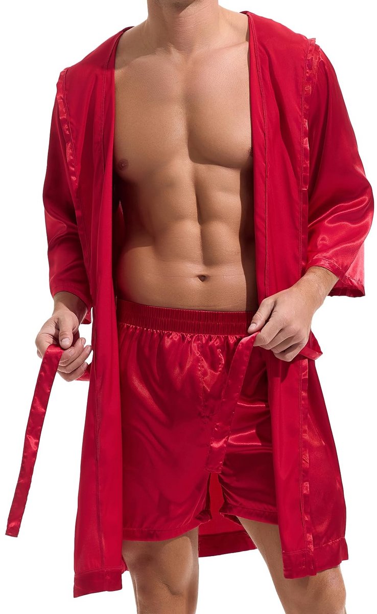 Heren Satin Badjas - Rood - Met Kap
