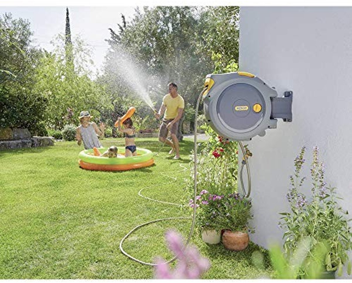 Tuinslanghaspel 30m - Automatische oprolmechanisme - Geel/grijs