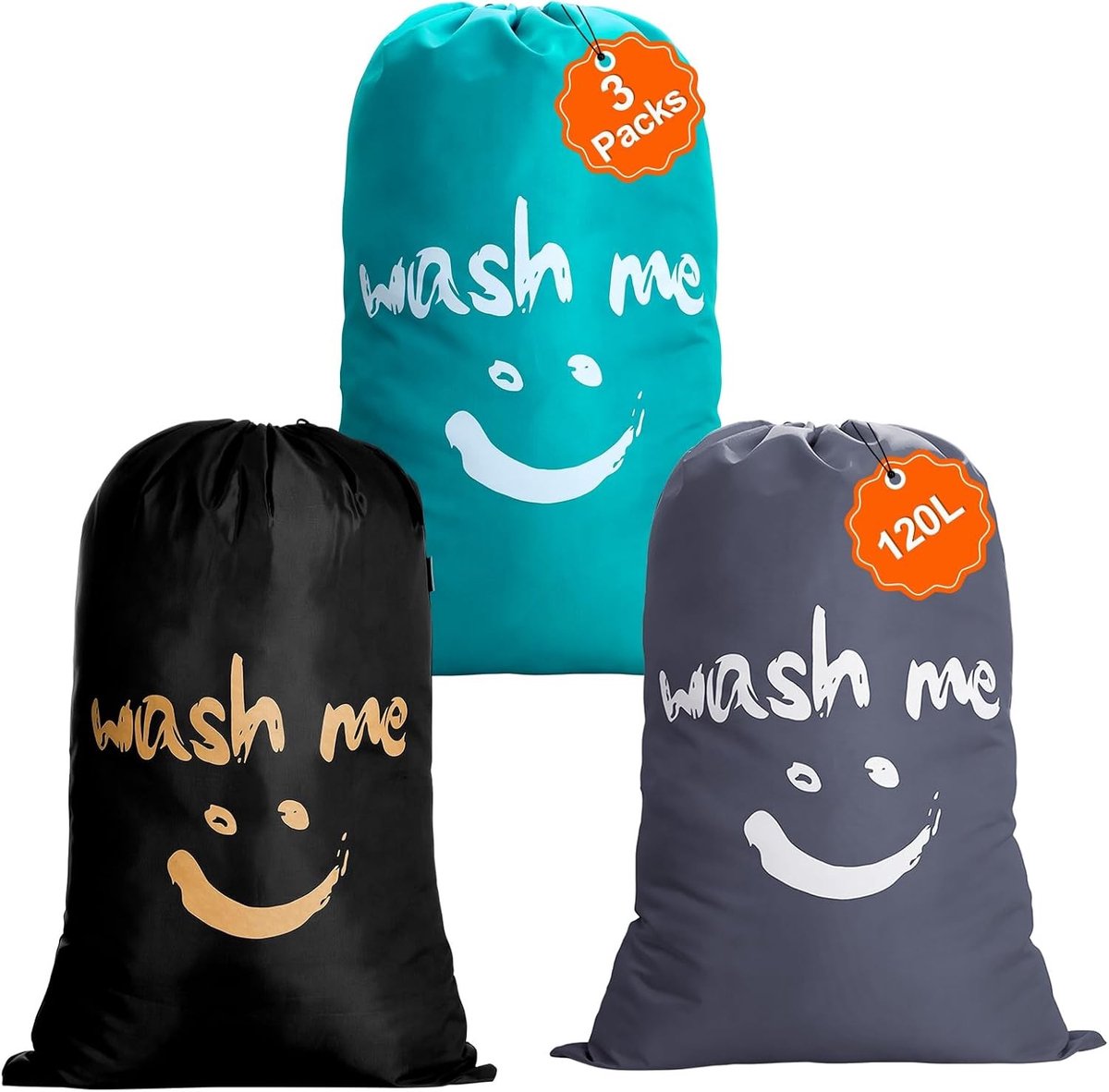 Set van 3 Waszakken met Trekkoord, 120L, Grote Capaciteit, Voor Kleding, Speelgoed en Dekens, Donkergrijs, Blauw en Zwart