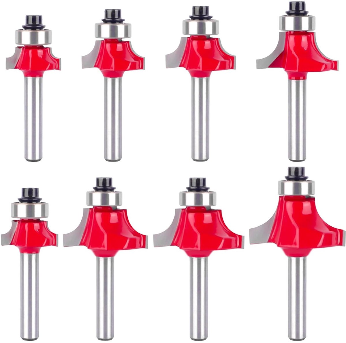 Set van 8 Ronde Freesbits met 6mm Schacht voor Houtbewerking, Trimmen en Carpentry, Inclusief Diverse Maten van 1/4" tot 1